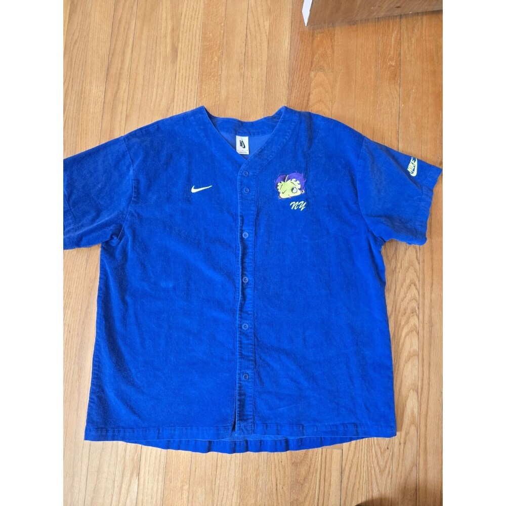 Nike x Olivia Kim Betty Boop Corduroy Baseball Jersey XL Blue Embroidered